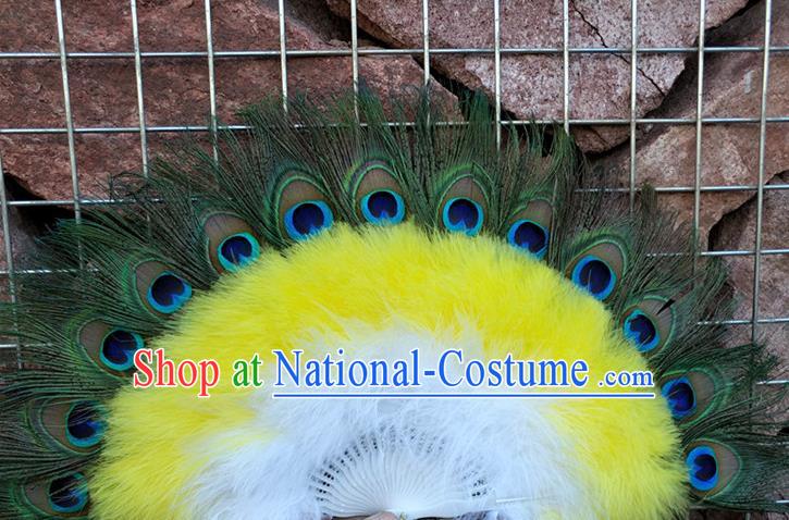 Handmade Yellow Feather Fan Belly Dance Fan Modern Dance Fan Baroque Princess Peacock Feather Fan