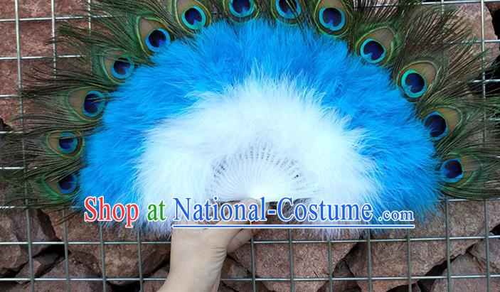 Handmade Baroque Princess Peacock Feather Fan Blue Feather Fan Belly Dance Fan Modern Dance Fan