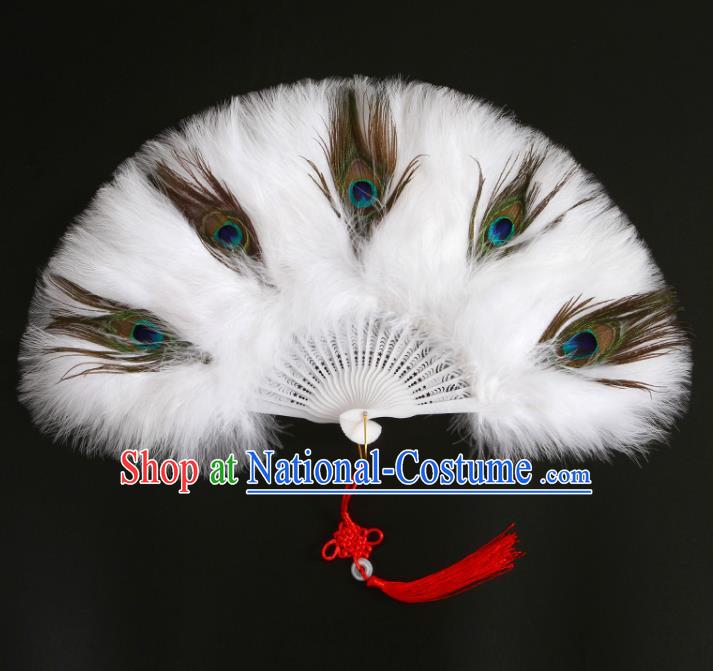 Chinese Ancient Fairy Fan Traditional Hanfu Fan Handmade White Feather Fans Classical Dance Folding Fan