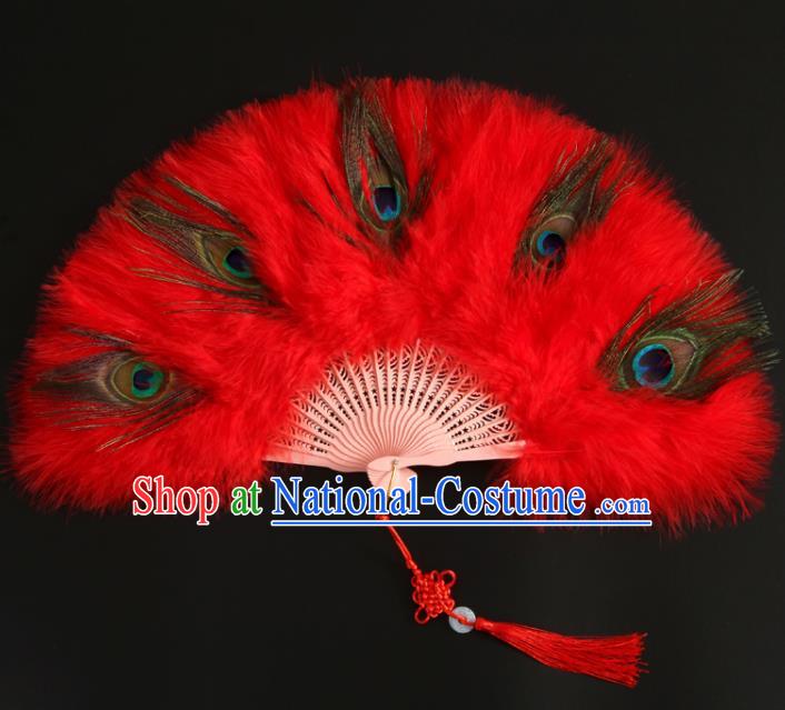 Chinese Handmade Red Feather Fans Classical Dance Folding Fan Ancient Fairy Fan Traditional Hanfu Fan