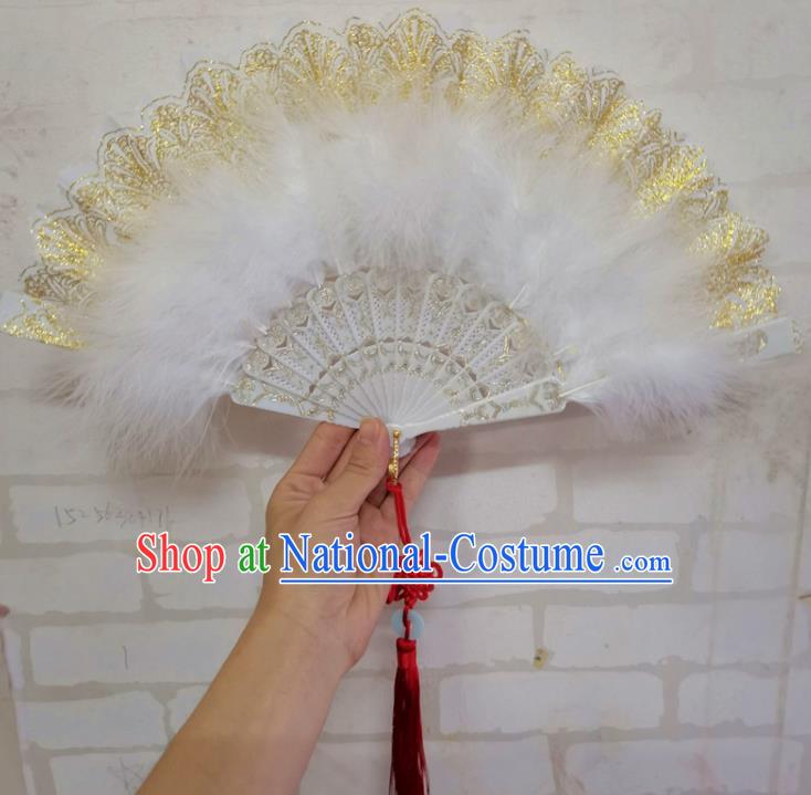 Chinese Martial Arts Performance Feather Fan Traditional Kung Fu Fan Handmade White Feather Lace Fans Folk Dance Folding Fan