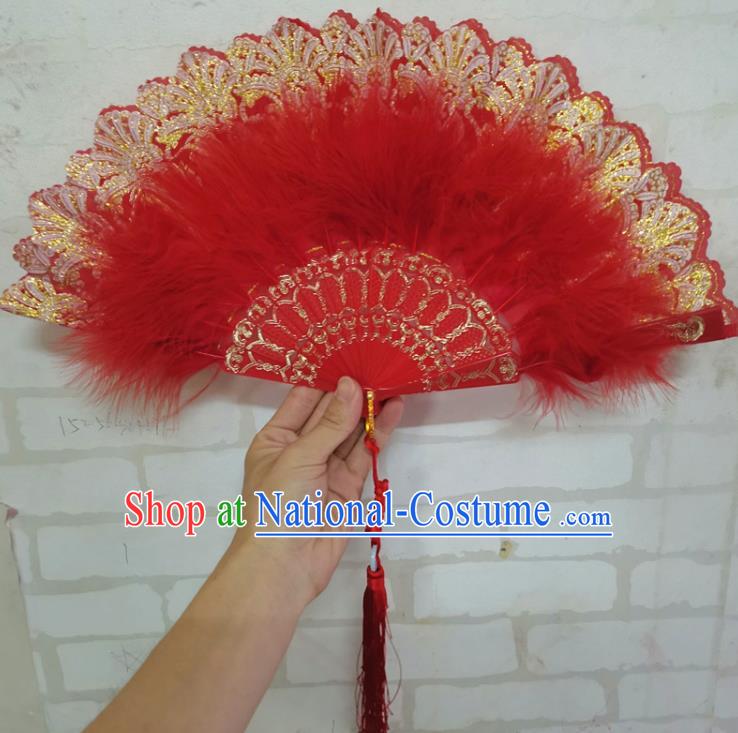 Chinese Folk Dance Folding Fan Martial Arts Performance Fan Traditional Kung Fu Fan Handmade Red Feather Lace Fans