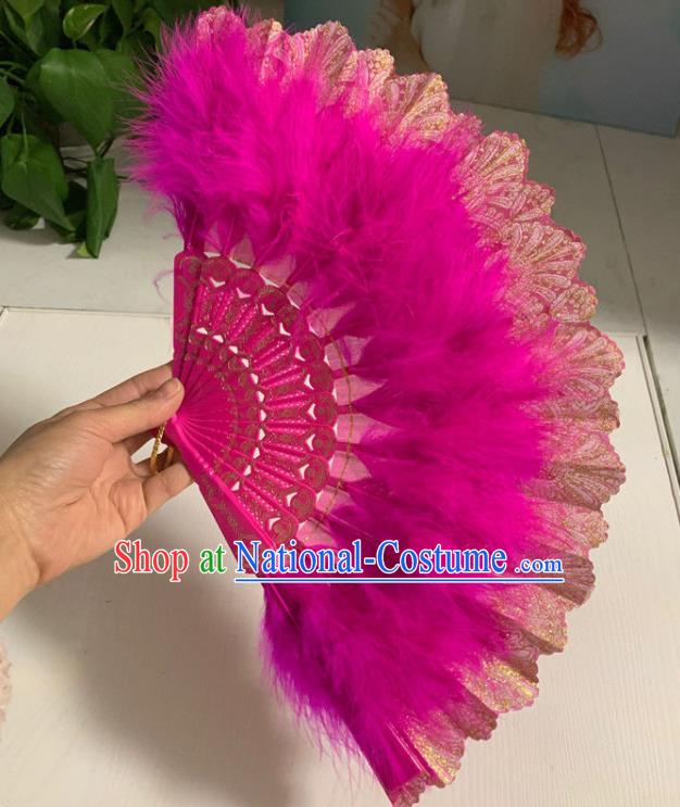 Chinese Handmade Rosy Feather Lace Fans Folk Dance Folding Fan Martial Arts Performance Fan Traditional Kung Fu Fan