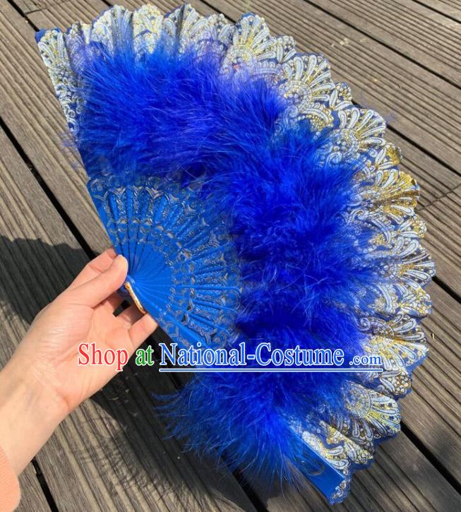 Chinese Kung Fu Fan Traditional Cheongsam Show Fan Handmade Folk Dance Fans Royalblue Feather Folding Fan