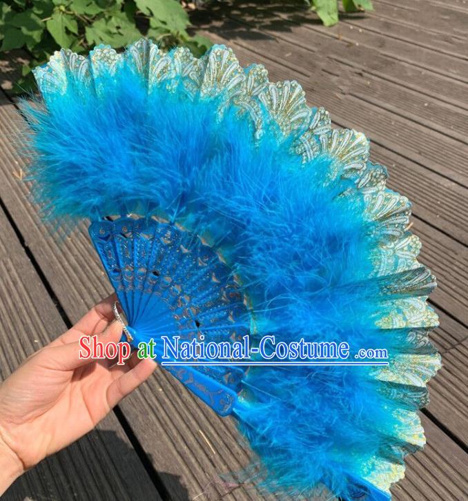 Chinese Blue Feather Folding Fan Kung Fu Fan Traditional Cheongsam Show Fan Handmade Folk Dance Fans