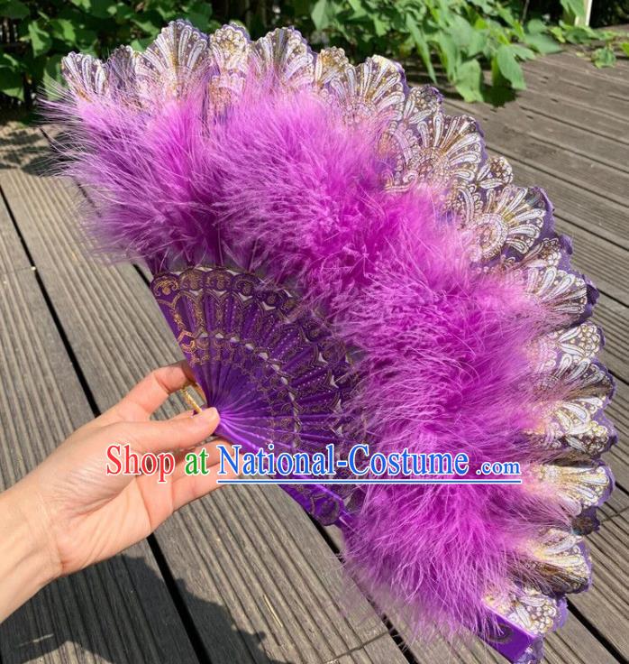 Chinese Traditional Cheongsam Show Fan Handmade Folk Dance Fans Purple Feather Folding Fan Kung Fu Fan