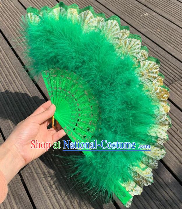 Chinese Cheongsam Dance Fan Traditional Stage Show Fan Classical Dance Green Feather Fans Handmade Folding Fan