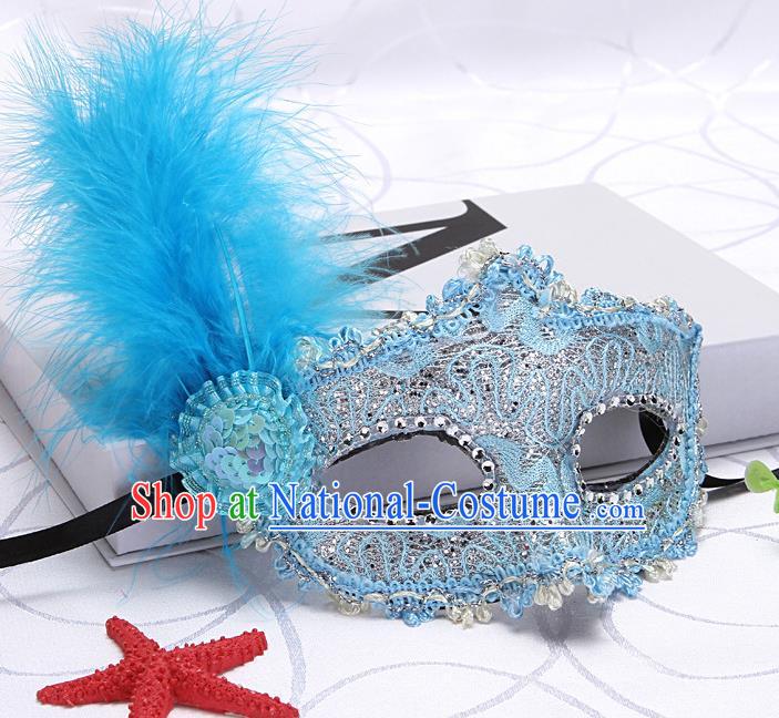 Handmade Masquerade Parade Prop Fancy Ball Mask Headgear Stage Performance Accessories Halloween Cosplay Blue Feather Face Mask