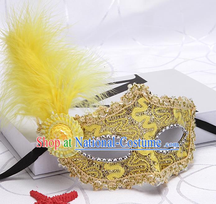 Handmade Halloween Cosplay Yellow Feather Face Mask Masquerade Parade Prop Fancy Ball Mask Headgear Stage Performance Accessories