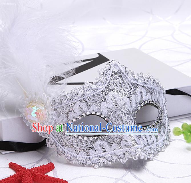 Handmade Stage Performance Accessories Halloween Cosplay White Feather Face Mask Masquerade Parade Prop Fancy Ball Mask Headgear