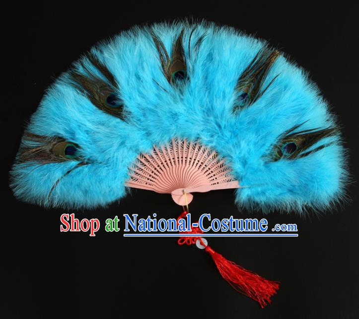 Chinese Handmade Light Blue Feather Fans Classical Dance Fan Cheongsam Show Fan Traditional Stage Performance Folding Fan