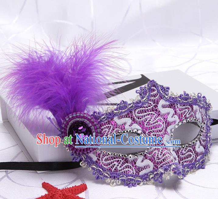 Handmade Halloween Fancy Ball Mask Stage Show Lace Accessories Cosplay Purple Feather Face Mask Masquerade Party Prop Headgear