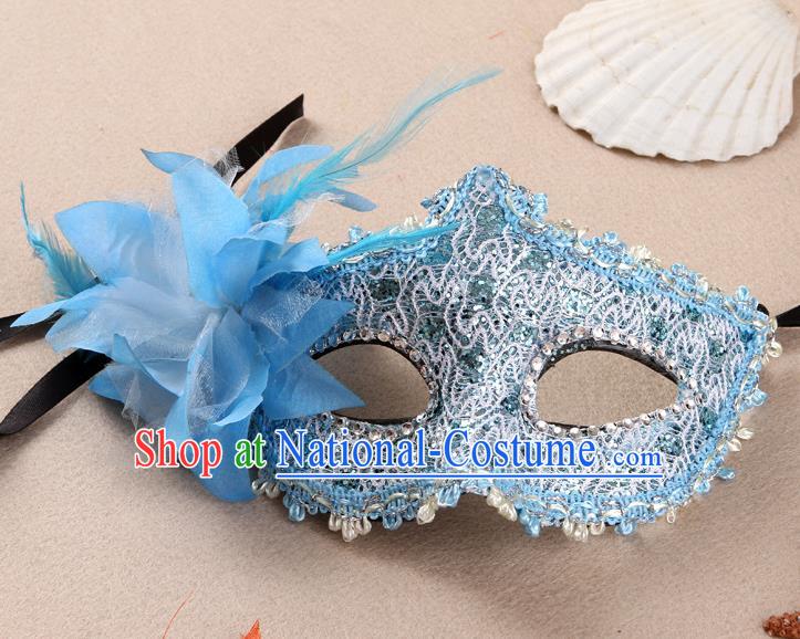 Handmade Halloween Dancing Party Lace Mask Stage Show Face Accessories Cosplay Performance Blue Flower Face Mask Masquerade Ball Headgear