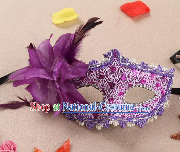 Handmade Cosplay Performance Purple Flower Face Mask Masquerade Ball Headgear Halloween Dancing Party Lace Mask Stage Show Face Accessories