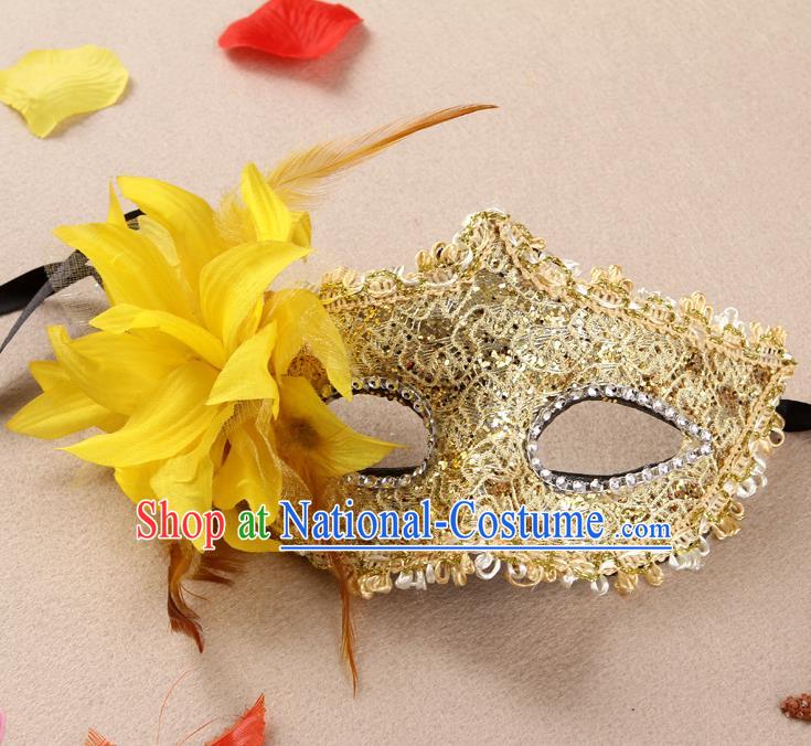 Handmade Masquerade Ball Headgear Halloween Dancing Party Lace Mask Stage Show Face Accessories Cosplay Performance Yellow Flower Face Mask