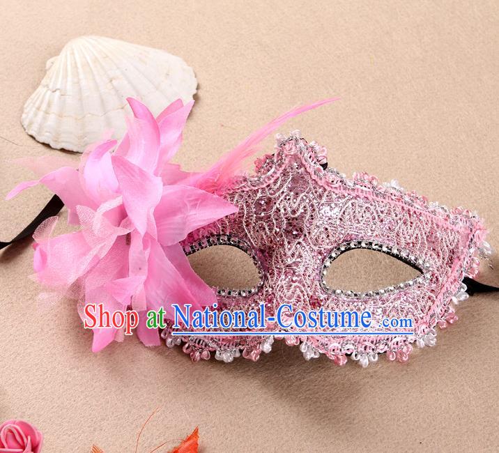 Handmade Catwalks Pink Lace Mask Halloween Stage Show Face Accessories Cosplay Angel Flower Face Mask Masquerade Party Headgear