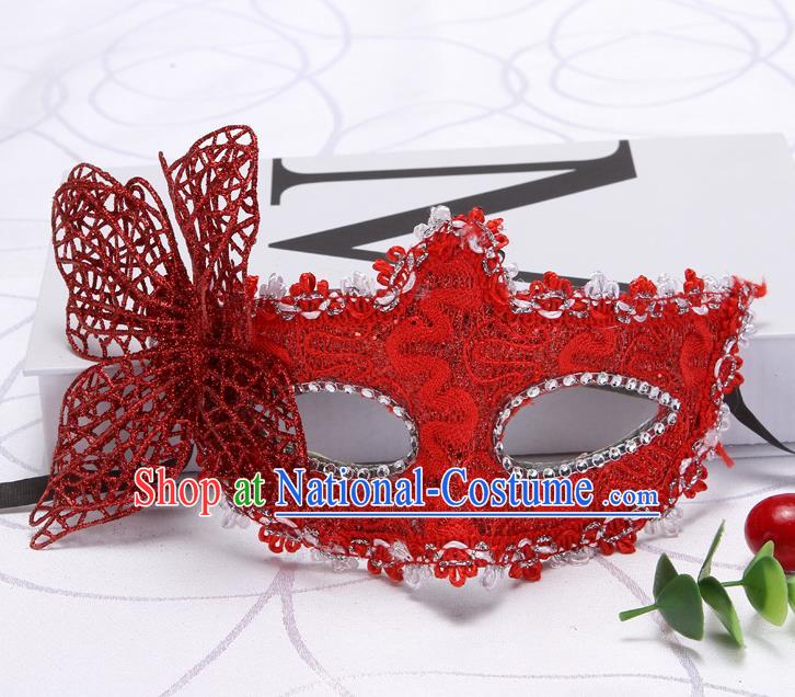 Handmade Masquerade Fancy Ball Headwear Stage Show Lace Face Mask Halloween Cosplay Accessories Catwalks Red Butterfly Mask