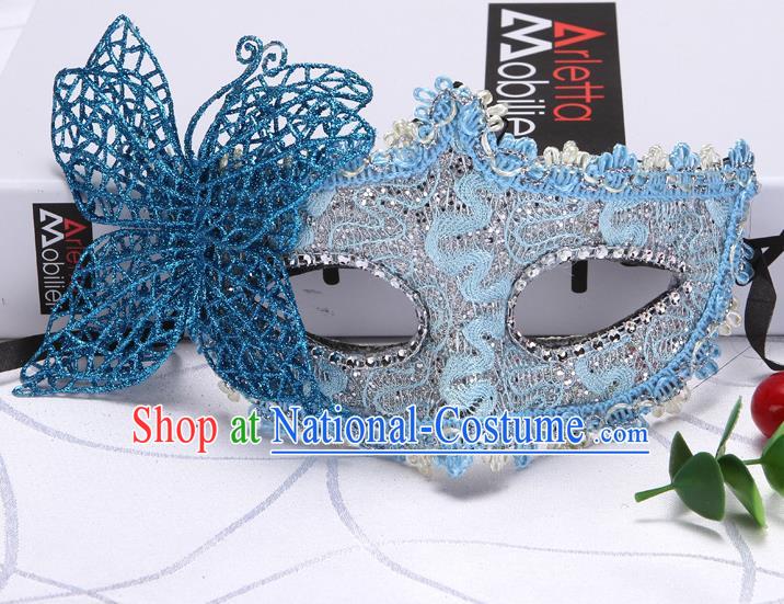 Handmade Catwalks Blue Butterfly Mask Masquerade Fancy Ball Headwear Stage Show Lace Face Mask Halloween Cosplay Accessories