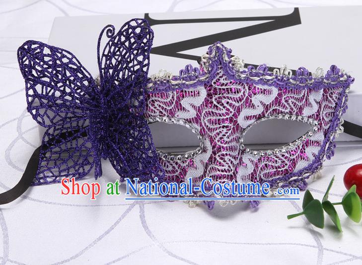 Handmade Halloween Cosplay Accessories Catwalks Purple Butterfly Mask Masquerade Fancy Ball Headwear Stage Show Lace Face Mask