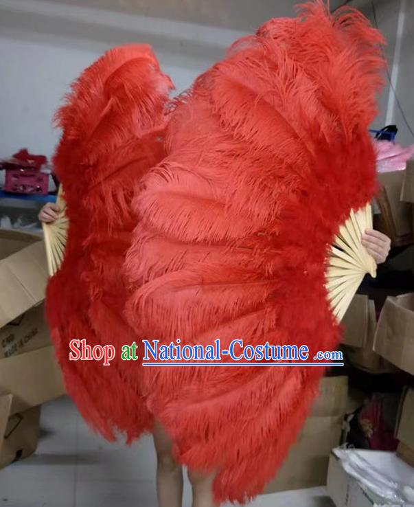 Top Folk Dance Large Fan Handmade Red Ostrich Feather Fan Miami Show Fan Halloween Cosplay Bamboo Folding Fan