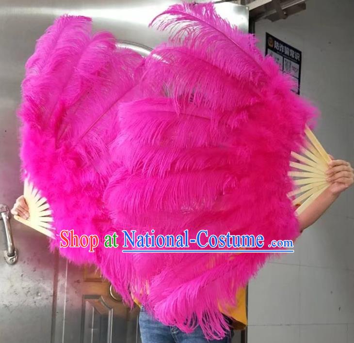 Top Samba Dance Deluxe Feathers Fan Handmade Rosy Ostrich Feather Fan Miami Stage Show Giant Fan Rio Carnival Bamboo Folding Fan