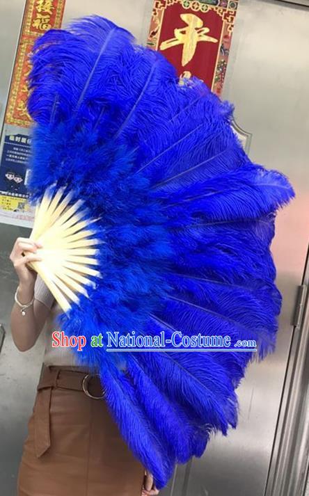 Top Rio Carnival Bamboo Folding Fan Samba Dance Deluxe Feathers Fan Handmade Royalblue Ostrich Feather Fan Miami Stage Show Giant Fan