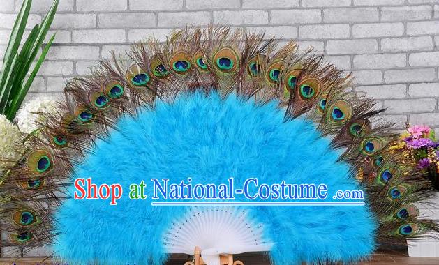 Top Handmade Halloween Cosplay Party Fan Stage Show Blue Villus Fan Belly Dance Folding Fan Samba Dance Peacock Feathers Fan