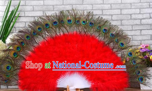 Top Samba Dance Peacock Feathers Fan Handmade Halloween Cosplay Party Fan Stage Show Red Villus Fan Belly Dance Folding Fan