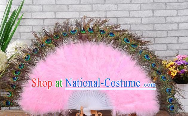 Top Belly Dance Folding Fan Halloween Cosplay Performance Fan Handmade Peacock Feathers Party Fan Opening Dance Pink Villus Fan