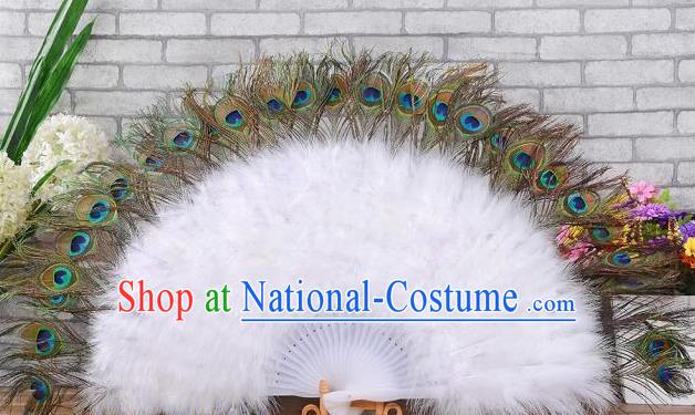 Top Stage Show White Villus Fan Belly Dance Folding Fan Samba Dance Peacock Feathers Fan Handmade Halloween Cosplay Party Fan