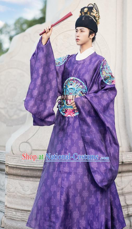 China Traditional Hanfu Purple Brocade Robe Ancient Emperor Historical Clothing Ming Dynasty Royal Prince Garment Costume