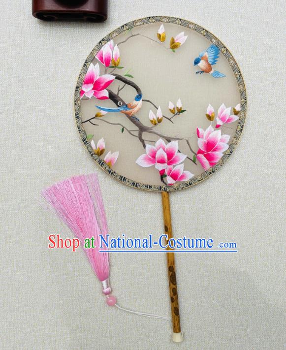 China Double Sides Beige Silk Fan Traditional Hanfu Palace Fan Handmade Embroidered Circular Fan Suzhou Embroidery Mangnolia Fan