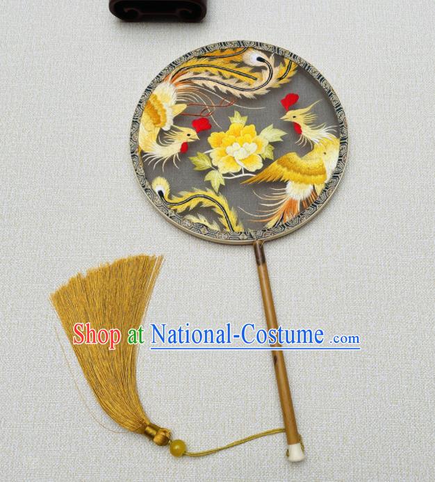 China Handmade Embroidered Circular Fan Suzhou Embroidery Phoenix Peony Fan Double Sides Black Silk Fan Traditional Hanfu Palace Fan