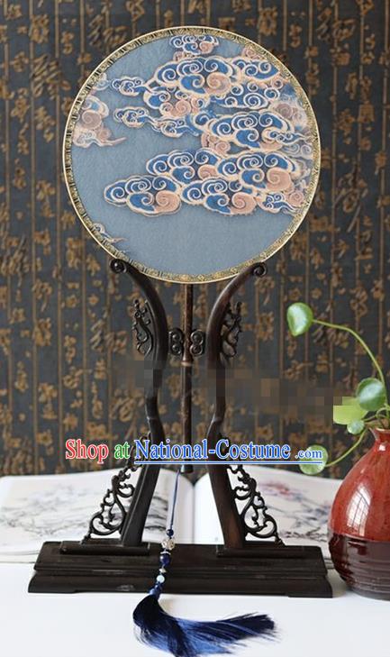 China Traditional Wedding Fan Handmade Bride Blue Silk Fan Suzhou Palace Fan Classical Dance Circular Fan