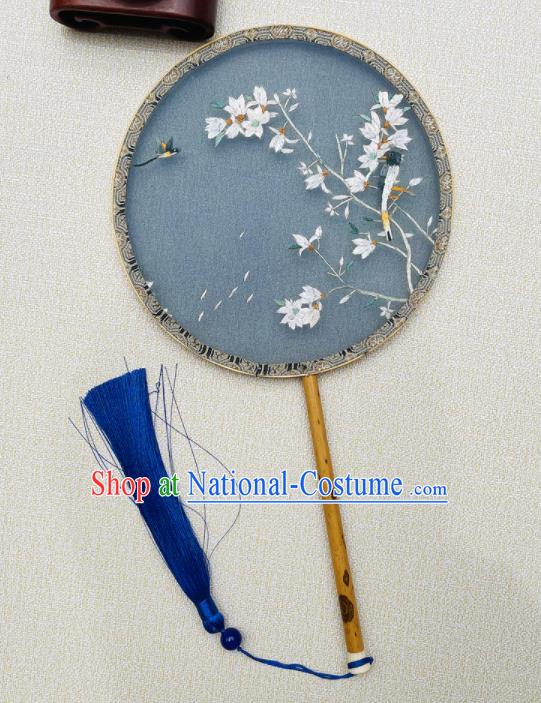 China Traditional Hanfu Palace Fan Handmade Embroidered Circular Fan Suzhou Embroidery Mangnolia Fan Double Sides Blue Silk Fan