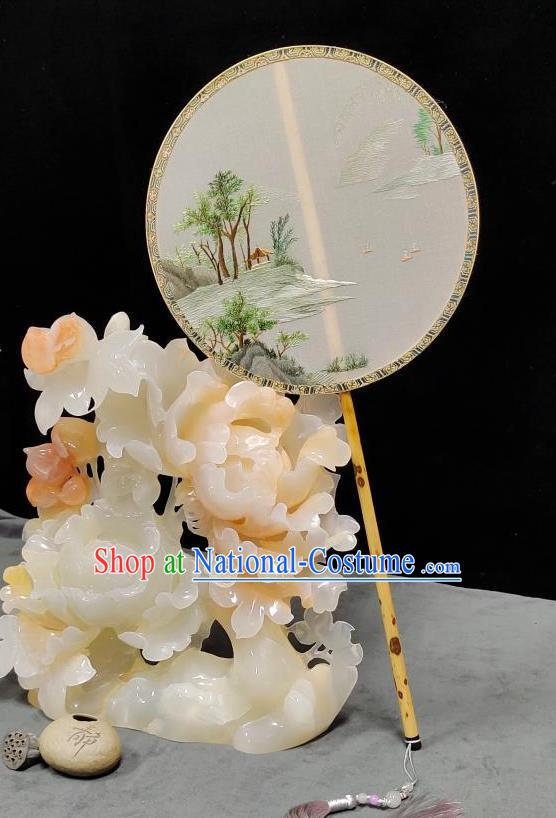 China Traditional Hanfu Palace Fan Suzhou Embroidery Landscape Fan Classical Dance Fan Handmade Silk Circular Fan