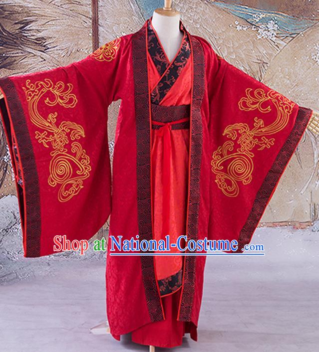 China Ancient Emperor Red Robe Drama Royal Highness Hanfu Clothing Han Dynasty Wedding Bridegroom Garment Costumes