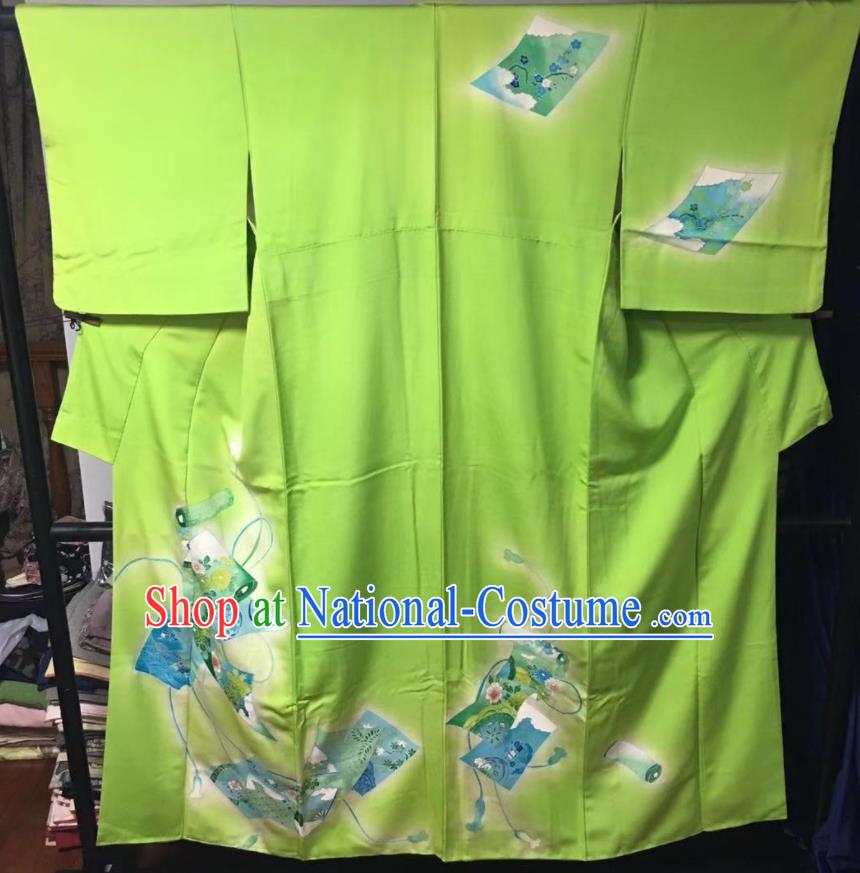 Japan Traditional Printing Green Yukata Dress Classical Pattern Tsukesage Kimono Clothing Young Woman Garment Costume