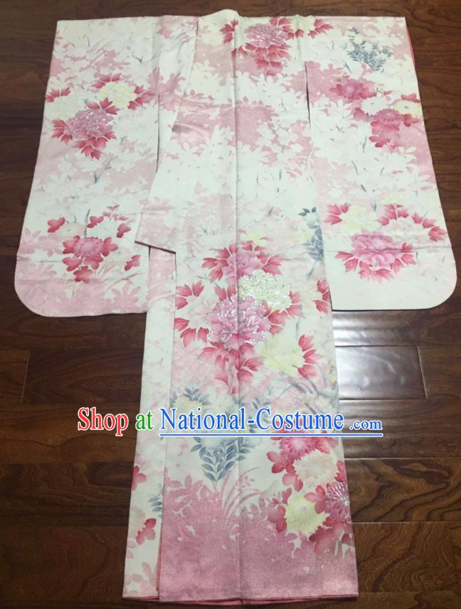 Japan Wedding Bride Garment Costume Traditional White Yukata Dress Classical Peony Pattern Furisode Kimono Clothing