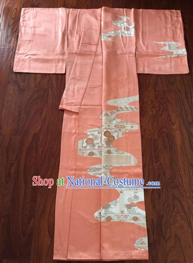 Japan Traditional Pink Yukata Dress Classical Chrysanthemum Pattern Tsukesage Kimono Clothing Summer Festival Garment Costume