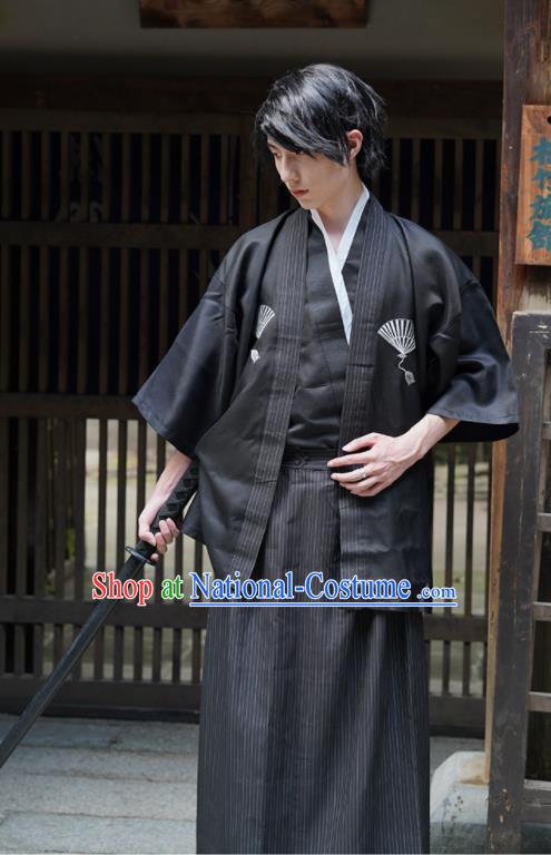 Japanese Stage Performance Male Kimono Clothing Ancient Warrior Apparels Asian Traditional Black Yukata Robe Outfits