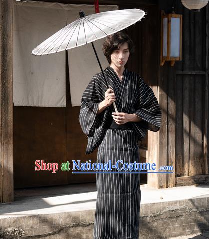 Japanese Stage Performance Male Kimono Clothing Ancient Samurai Apparel Asian Traditional Black Yukata Robe