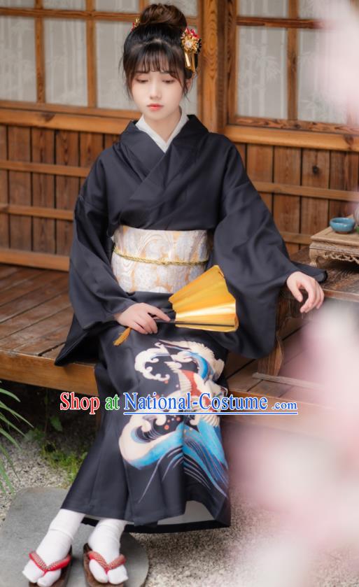 Japan Young Lady Kimono Traditional Summer Festival Garment Costume Hanabi Taikai Printing Wave Crane Black Yukata Dress