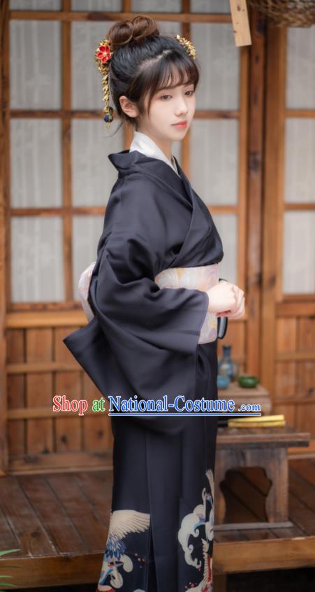 Japan Young Lady Kimono Traditional Summer Festival Garment Costume Hanabi Taikai Printing Wave Crane Black Yukata Dress