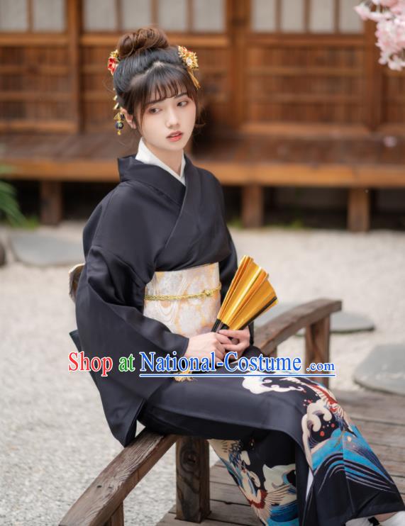 Japan Young Lady Kimono Traditional Summer Festival Garment Costume Hanabi Taikai Printing Wave Crane Black Yukata Dress