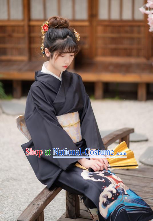 Japan Young Lady Kimono Traditional Summer Festival Garment Costume Hanabi Taikai Printing Wave Crane Black Yukata Dress