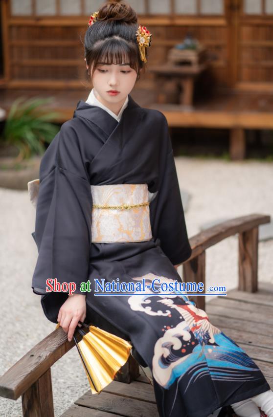 Japan Young Lady Kimono Traditional Summer Festival Garment Costume Hanabi Taikai Printing Wave Crane Black Yukata Dress