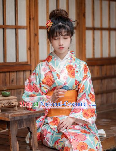 Japan Traditional Summer Festival Kimono Costume Hanabi Taikai Printing Sakura Light Green Yukata Dress Young Lady Fashion Garment