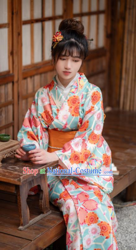 Japan Traditional Summer Festival Kimono Costume Hanabi Taikai Printing Sakura Light Green Yukata Dress Young Lady Fashion Garment