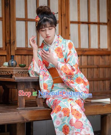 Japan Traditional Summer Festival Kimono Costume Hanabi Taikai Printing Sakura Light Green Yukata Dress Young Lady Fashion Garment